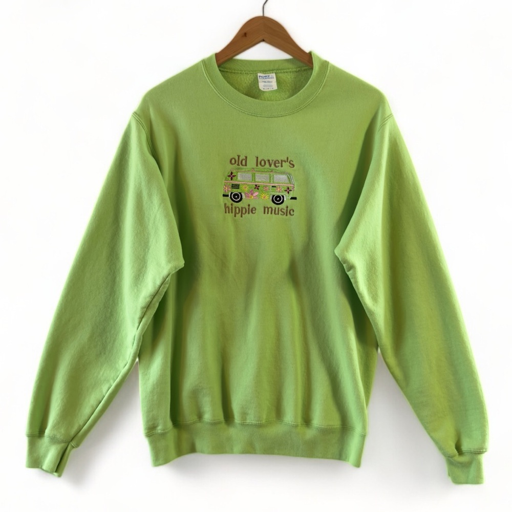 Old Lover's Hippie Music Graphic Crewneck Sweatshirt sz M Green Embroidered